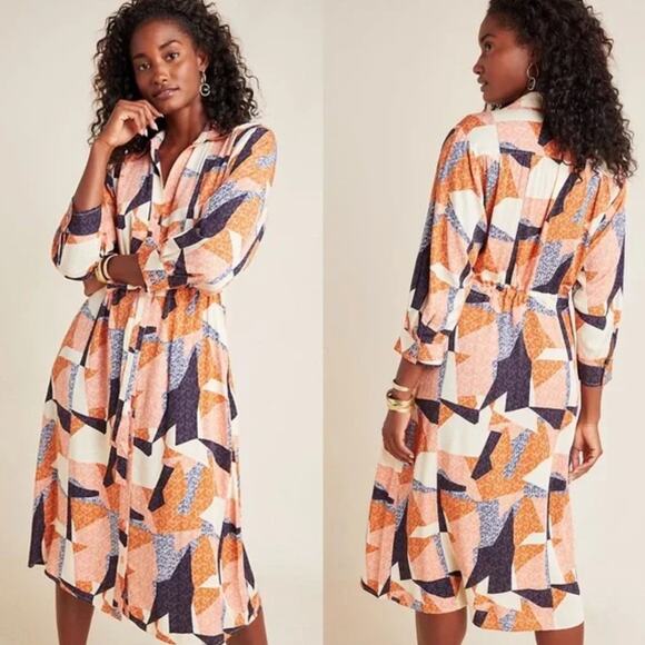 ANTHROPOLOGIE Corey Lynn Calter Abstract Shirt Dress Orange {3M1} - Picture 1 of 5
